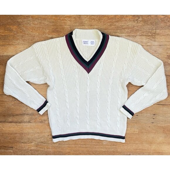 Vintage Cable Knit Sweater Size Large 60s Knit Orlon Acrylic Striped V-Neck - Picture 1 of 4